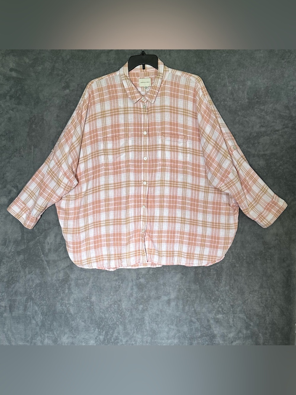 American Eagle Outfitters cream  Plaid Button-Up Shirt oversized linen blend XL